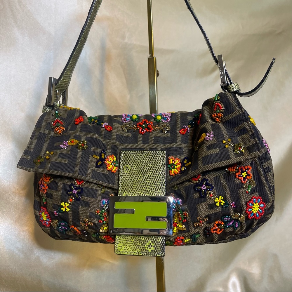 💖SOLD💖Fendi zucca print floral beaded baguette lizard shoulder strap RARE - Picture 2 of 16